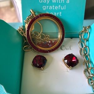 Red Siam & gold locket & Earrings set